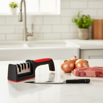 Afilador Vortex con cuchillo, cebollas y carne en mesón de cocina